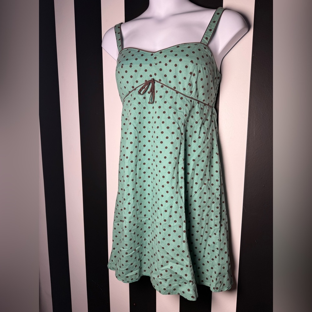Vintage Mint Green w/ Brown Polka Dots Sundress and Smocked Back - SZ 12